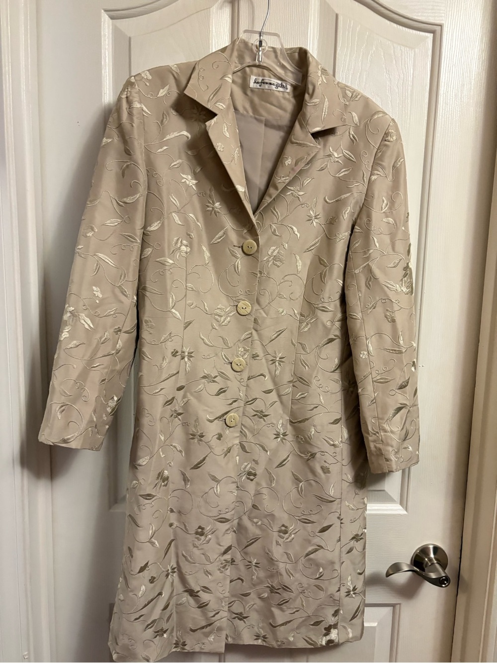 Beige Floral Brocade Trench Coat - Women's